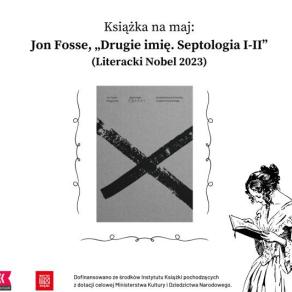 Dyskusyjny Klub Książki grafika promująca majowe spotkanie, w centrum okładka książki Jona Fosse'a