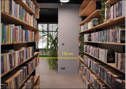 Po lewej i prawej stronie regały z książkami. W tle widać kwiaty doniczkowe i okno