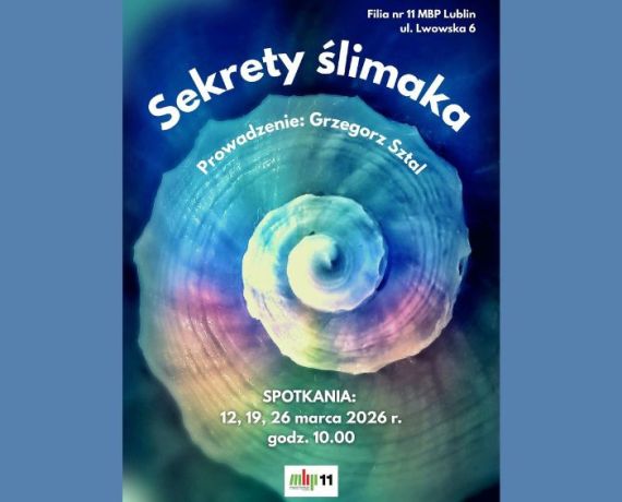 Plakat w odcieniach niebieskiego z muszlą ślimaka
