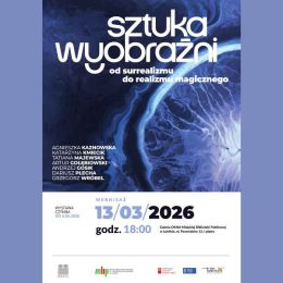 Plakat w odcieniach niebieskiego z abstrakcyjną grafiką promujący wystawę "Sztuka wyboraźni"