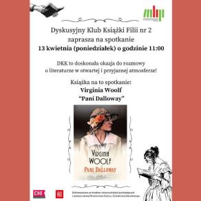 Plakat promujący spotkanie DKK - w centralnym miejscu okładka książki "Pani Dalloway"
