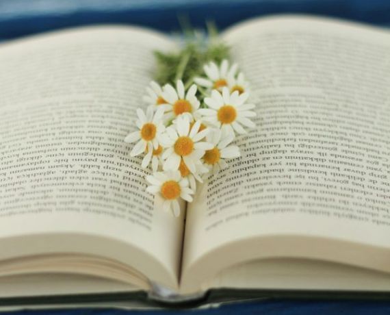 Otwarta książka z bukietem kwiatów na niebieskim tle