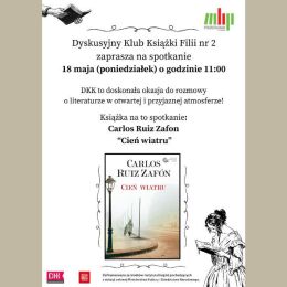 Plakat promujący spotkanie DKK - w centrum okładka powieści "Cień wiatru"