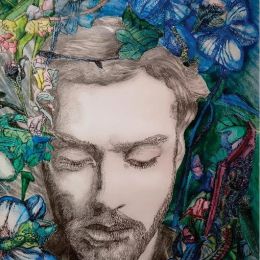 Obraz - twarz mężczyzny wśród kolorowych kwiatów