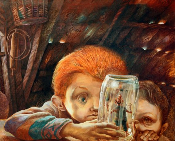 Rysunek rudego chłopca ze słoikiem w dłoni