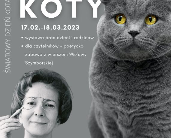 Na szarym tle puchaty kot i portret Wisławy Szymborskiej