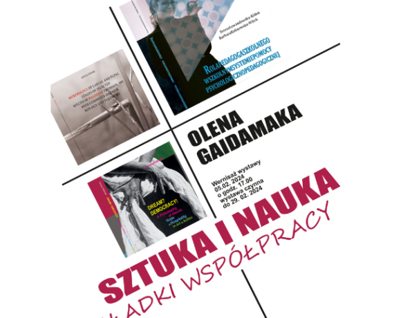Fragment plakatu promującego wystawę Oleny Gaidamaki zawierającego wybrane projekty autorki