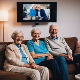 uśmiechnięci seniorzy siedzą na kanapie