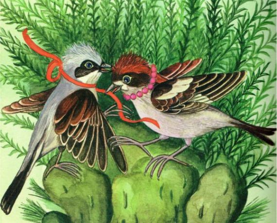 Ilustracja na plakacie wystawy Hanny Grodzkiej-Nowak przedstawiająca dwa małe ptaki
