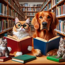 Ilustracja przedstawiająca psa i kota w bibliotece czytających książki