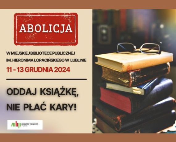 Grafika informująca o abolicji - po lewej stronie komunikat, po prawej stosik książek