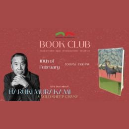 Grafika promująca spotkanie Book Clubu - na zdjęciu Murakami i jego książka