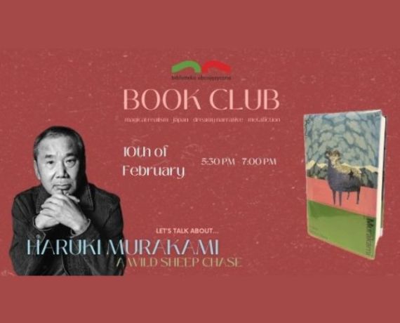 Grafika promująca spotkanie Book Clubu - na zdjęciu Murakami i jego książka