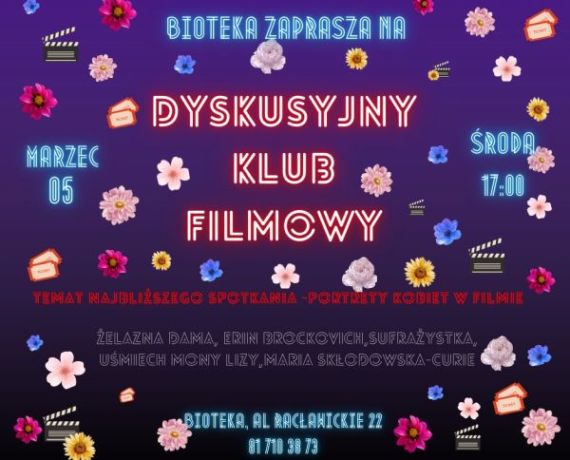 Kolorowa grafika promująca spotkanie Dyskusyjnego Klubu Filmowego w Biotece, neonowy napis