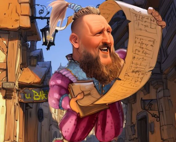 Krzysztof Owsiak przedstawiony graficznie jako herold ogłaszający wydarzenie